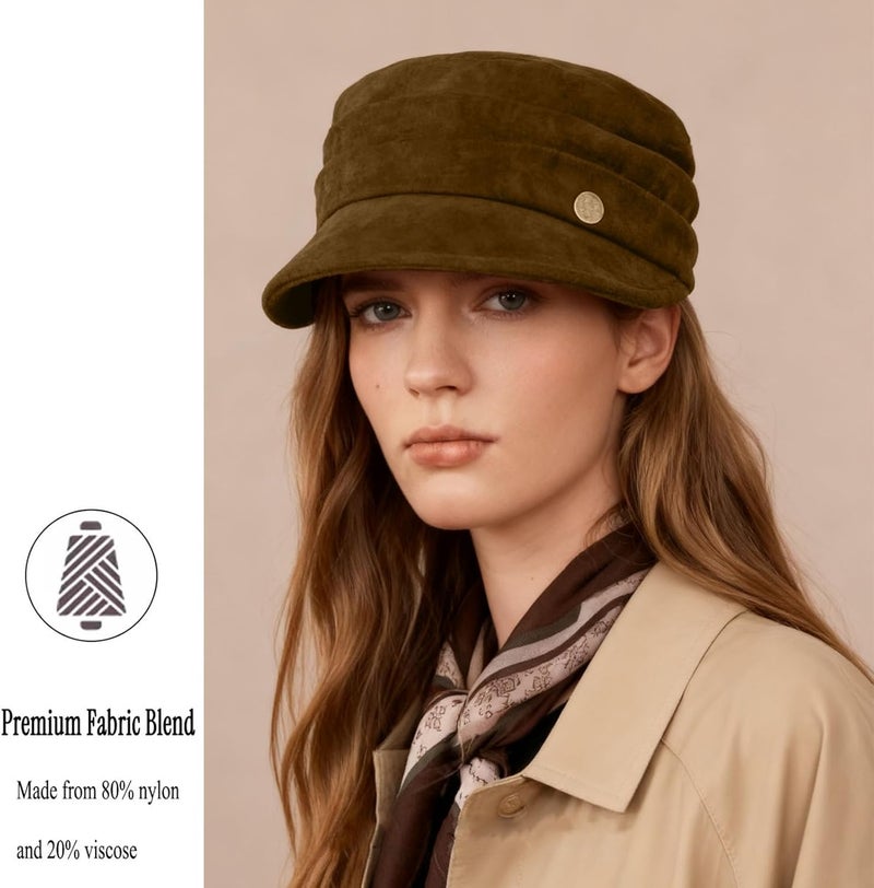 huablo Women's Suede Flat Top Newsboy Cap - Soft Brim & Hook - and - Loop Adjustment - Fall Winter Cabbie Paperboy Hats - Image 2